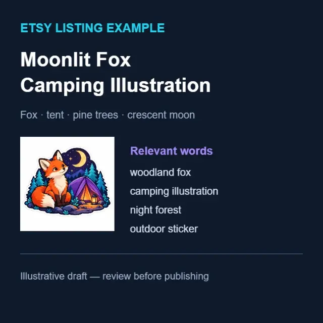 Fox camping marketplace listing: Listing draft example — illustrative example