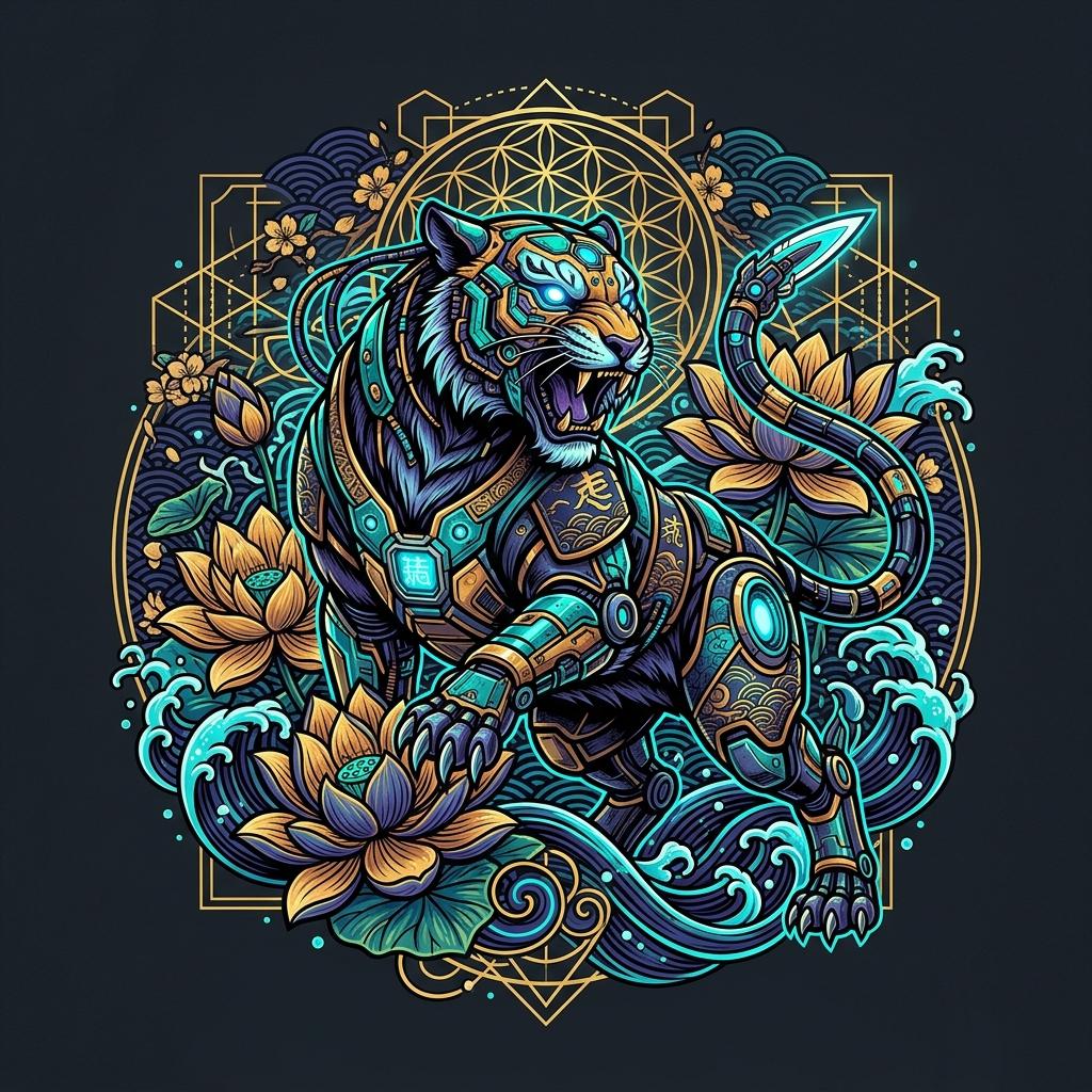 Cyberpunk Japanese tiger POD artwork prepared in OkArty studio