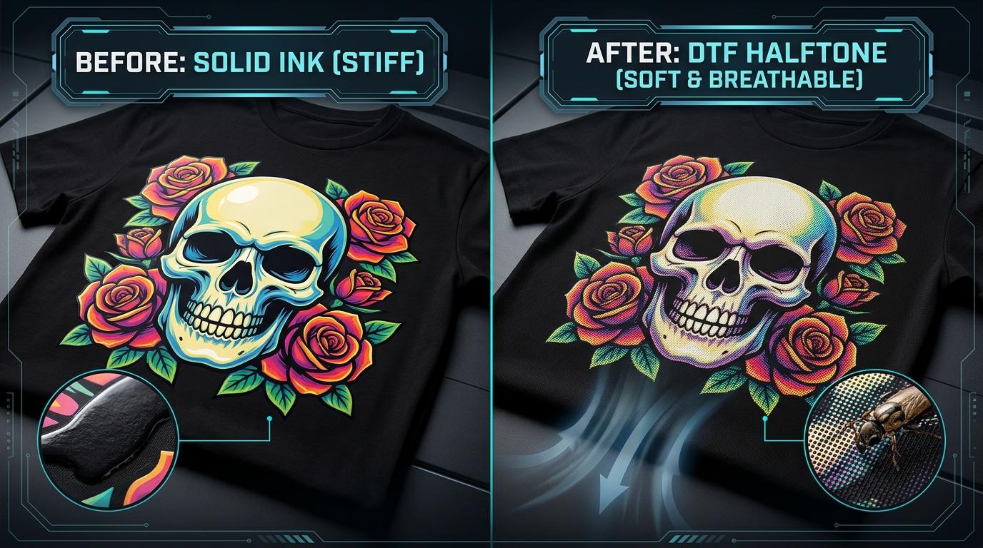 DTF Halftone Before and After Solid Ink vs DTF Halftone